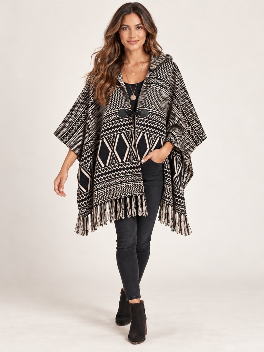 New Look Aztec Southwestern Tribal Hooded Knit Poncho Navy Cream One Size